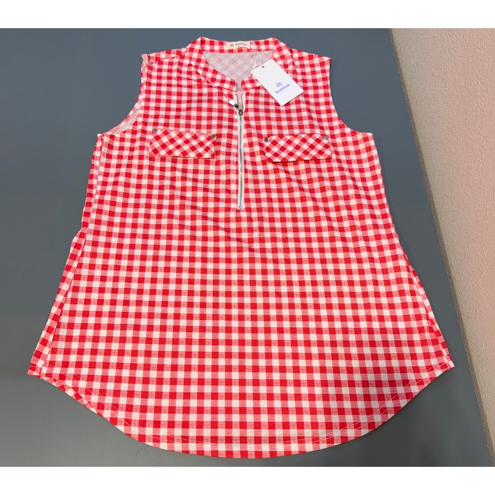 Bulotus Womens Red Gingham Sleeveless Tunic Top Quarter‎ Zip Blouse Medium NWT
